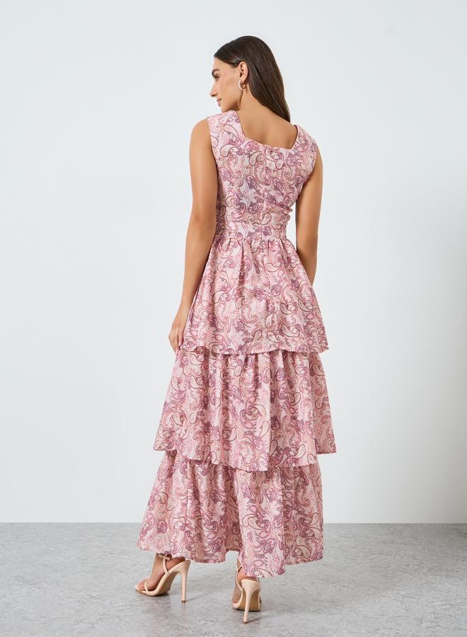 Styli Women Pink Paisley Print Tiered Maxi Dress - Image 4